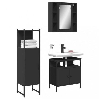 Set dulapuri de baie, 3 piese, negru, lemn prelucrat foto