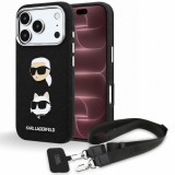 Husa pentru Apple iPhone 18 Pro Max / 17 Pro Max, Karl Lagerfeld, Saffiano Crossbody Karl &amp; Choupette Head's Pins Logo, Neagra