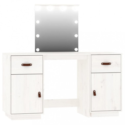 Set de masă de toaletă cu LED, alb, lemn masiv de pin foto