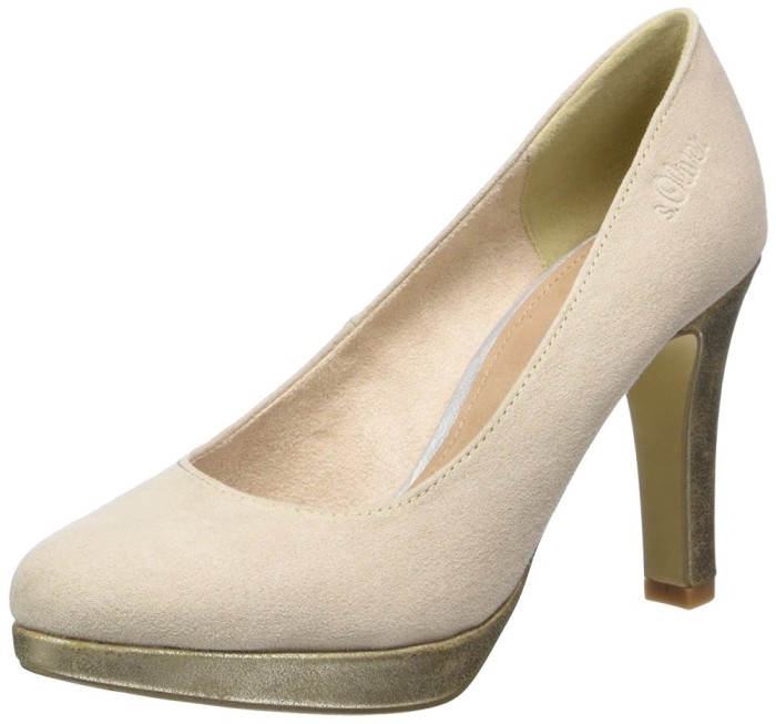 CH2548-155 Pantofi din imitatie piele intoarsa bej si toc conic cu aspect lucios