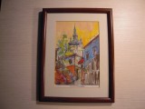 Tablou cu peisaj din Sighisoara, semnat Claudia Popescu, dimensiuni 19x12.5 cm.