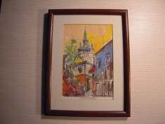 Tablou in acuarela cu un peisaj din Sighisoara, semnat Claudia Popescu, dimensiuni 19x12.5 cm