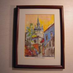 Tablou cu peisaj din Sighisoara, semnat Claudia Popescu, dimensiuni 19x12.5 cm.