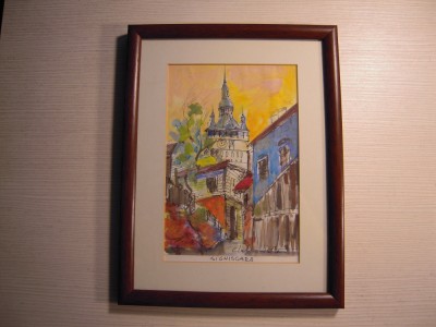 Tablou cu peisaj din Sighisoara, semnat Claudia Popescu, dimensiuni 19x12.5 cm. foto