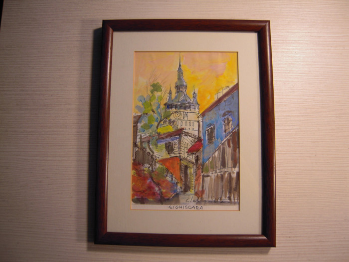 Tablou in acuarela cu un peisaj din Sighisoara, semnat Claudia Popescu, dimensiuni 19x12.5 cm