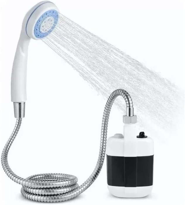 Dus portabil pentru exterior, cu pompa de apa, din ABS, incarcare electrica a bateriei, furtun flexibil, alb