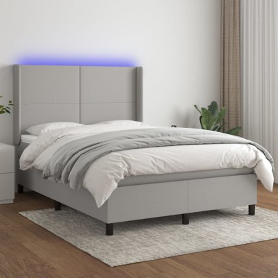 vidaXL Pat cu arcuri, saltea și LED, gri deschis, 140x190 cm, textil 3138149 foto