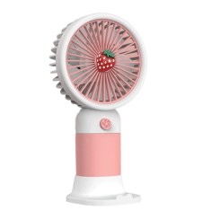 Mini ventilator portabil, capsuna, alimentat cu baterie reincarcabila USB, cu suport pentru telefon, buton ON/OFF, 3 viteze, roz/alb