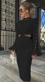 Rochie Midi Neagra Charlotte Dantela Crosetata, Maneca Lunga Clopot, Bumbac Lycra, Croi Cambrat, Decupaje Laterale, Eleganta