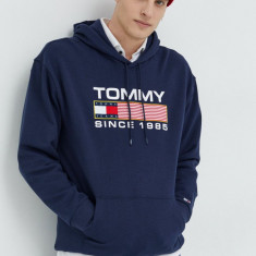 Tommy Jeans hanorac de bumbac barbati, culoarea albastru marin, cu imprimeu