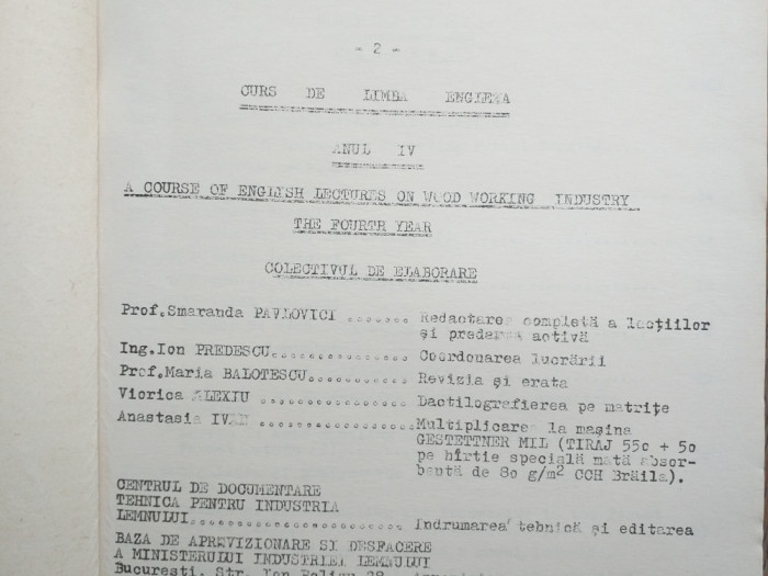 CURS DE ENGLEZA IN INDUSTRIA LEMNULUI, A COURSE OF ENGLISH , WOOD INDUSTRY, 1971