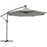Outsunny Umbrelă cu braț lateral LED Solar aprox. &Oslash;300 cm Rotativă Umbrelă de soare cu manivelă Suport Husă de protecție Gri deschis | Aosom Romania