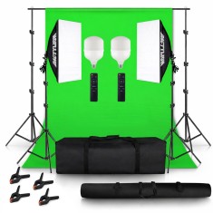 Set studio foto video cu fundal verde 2 x 3 m, 2 softbox 50 x 70 cm, 2 becuri LED 50W, trepiede 2 m, suport fundal, 4 cleme si genti transport