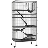 PawHut Colivie pentru Rozătoare cu 4 Intrări Multi-Nivel cu Hamac, Cușcă Metalică &amp; PP, 80x52x159 cm, Argintiu și Negru | Aosom Romania