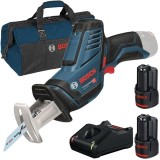 Bosch GSA 12V-14 + 1600A019RD + 1619BZ0100 - Fierastrau sabie + Set 2 acumulatori si incarcator Li-Ion 12 V 3 Ah + Geanta textila