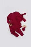 Set 3 piese: bluzita cu maneca lunga, pantaloni lungi si caciulita din bumbac organic si modal - Rosu BabyCosy (Marime: 18-24 Lu