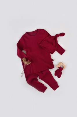 Set 3 piese: bluzita cu maneca lunga, pantaloni lungi si caciulita din bumbac organic si modal - Rosu BabyCosy (Marime: 9-12 lun foto