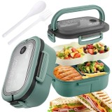 Cutie pranz dubla, compartimentat, tacamuri incluse, 1200 ml, compatibil cuptor cu microunde, 20x14x8, Plastic, Verde Negru, Oem