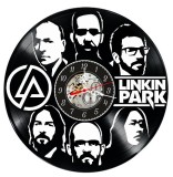 Ceas de perete decorativ realizat din disc de vinil, Model Formatie Rock Linkin Park cu Portrete Membri si Logo Oficial, Negru, 30 cm