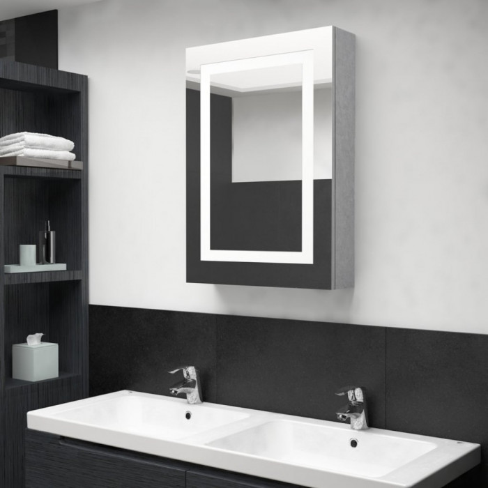 Dulap de baie cu oglinda si LED, gri beton, 50x13x70 cm GartenMobel Dekor