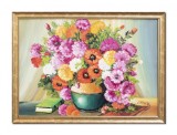 Tablou vaza cu flori si carte pictat manual inramat, Parfum de sarbatoare, 75x55cm ulei pe panza