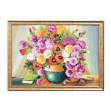 Tablou vaza cu flori si carte pictat manual inramat, Parfum de sarbatoare, 75x55cm ulei pe panza