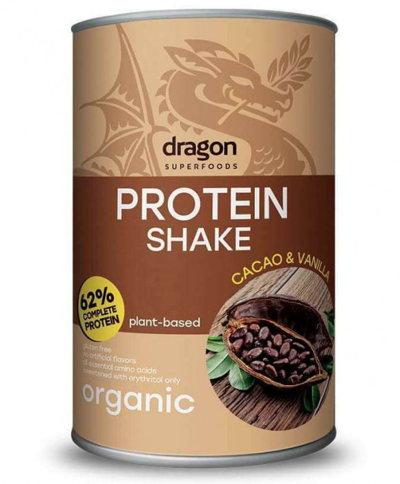 Shake proteic cacao si vanilie bio 500g Dragon Superfoods - 62% proteine