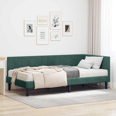 vidaXL Cadru de pat colțar cu saltea Verde &amp;icirc;nchis 90 x 200 cm Catifea 3393900 foto
