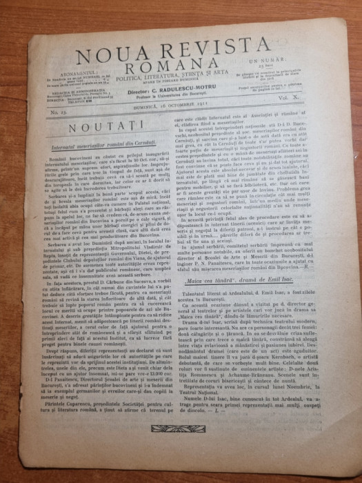 noua revista romana 16 octombrie 1911- romanii din cernauti,emil isac