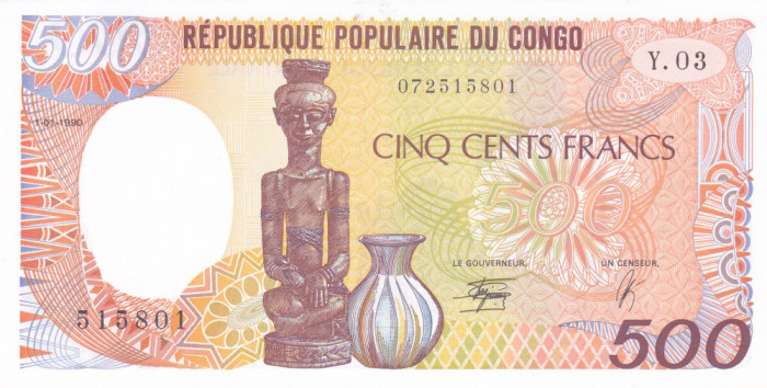 Bancnota Republica Congo 500 Franci 1990 - P8c UNC