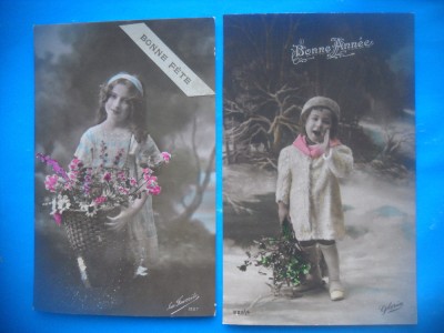 HOPCT 1823 COPII--ROMANTICA-FRANTA-LOT 2 CARTI POSTALE VECHI-CIRCULATE foto