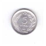 Moneda Turcia 5 lire/lira 1981, stare foarte buna, curata, Europa, Aluminiu