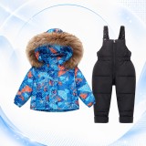 Set Fas Copii Geaca si Salopeta Rezistent Apa Vant Albastru Negru Marimi 4-6 ani