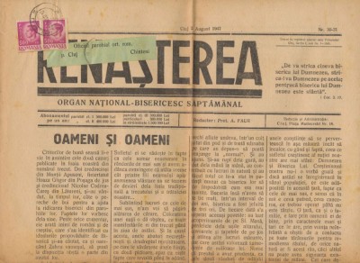 ROMANIA iunie 1947 ziar bisericesc cu francatura de inflatie 2x 500 lei uzuale Mihai I stampila Cluj foto