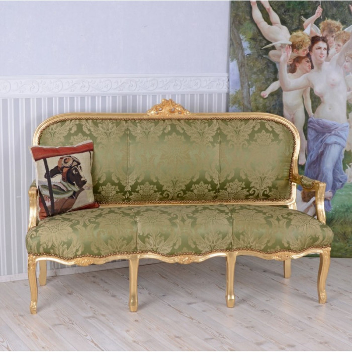 Sofa baroc din lemn masiv auriu cu tapiterie din matase verde CAT361A04