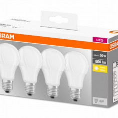 4 Becuri LED Osram Base Classic A, E27, 8.5W (60W), 806 lm, lumina calda (2700K)