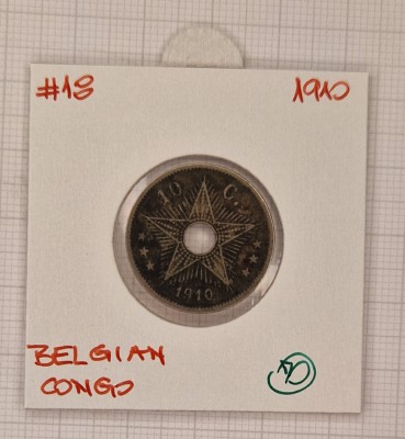 Belgian Congo, 10 Centimes, KM#18, 1910 foto