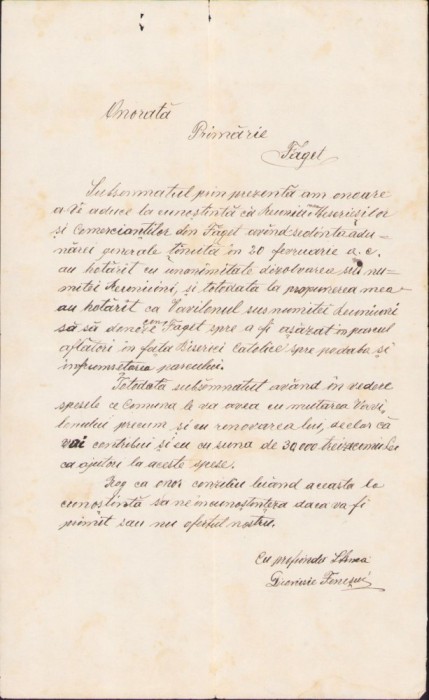 A1331 Act olograf Dionisie Feneșiu, Făget, județul Timiș