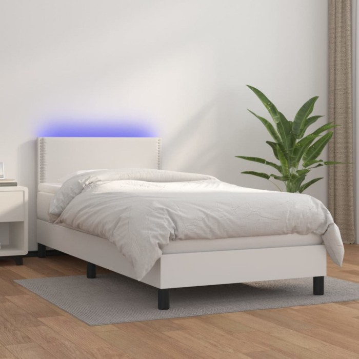 vidaXL Pat cu arcuri, saltea și LED, alb, 100x200 cm, piele ecologică 3134148