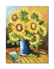 Tablou cu floarea soarelui si carte, pictat manual, 60x45cm ulei pe panza, Constantin Feraru