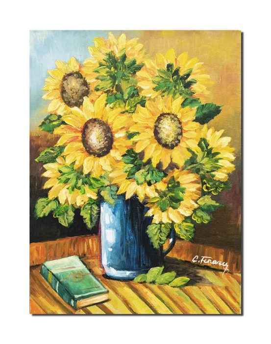 Tablou cu floarea soarelui si carte, pictat manual, 60x45cm ulei pe panza, Constantin Feraru