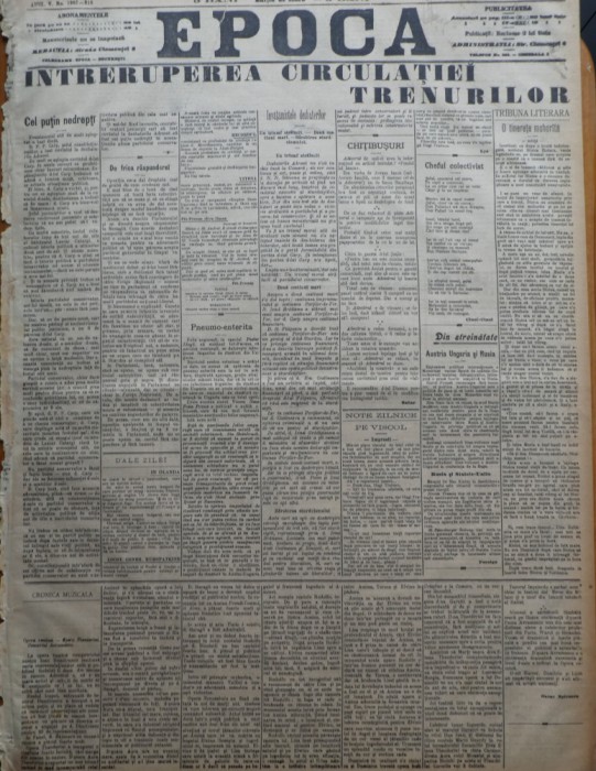 Ziarul Epoca, 30 Noiembrie 1899 ; Intreruperea circulatiei trenurilor