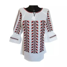 Bluza Tip Ie Traditionala Alba cu Motiv Floral Rosu de Dama - IMS128