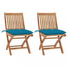 vidaXL Scaune de grădină, 2 buc., cu perne bleu, lemn masiv de tec 3062452