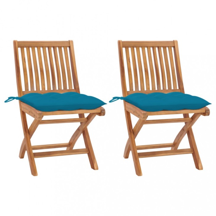 vidaXL Scaune de grădină, 2 buc., cu perne bleu, lemn masiv de tec 3062452