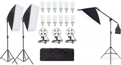 Kit de 3 softboxuri cu macara, soclu de 4 becuri, 3 trepiezi reglabili 200 cm, 12 becuri de 85W, geanta de transport inclusa foto