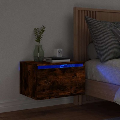 vidaXL Noptieră montată pe perete cu lumini LED, stejar fumuriu foto