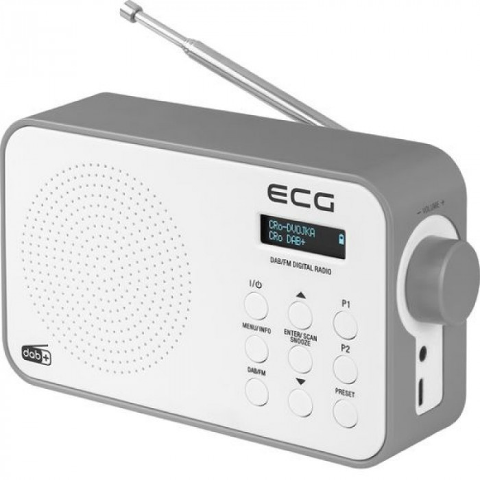 Radio portabil ECG, 1.2 W, Tuner FM, Alarma, Memorie 30 de posturi, Antena telescopica, Cablu USB Type C, Alb