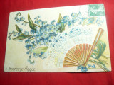 Felicitare Anul Nou 1907, Flori Nu-Ma-Uita &amp; Evantai, Franta, Semnata - Carte Postala Tematica