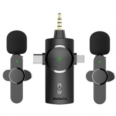 Set 2 microfoane wireless MaGeCa®, tip lavaliera 3 in 1, Reducerea zgomotului pentru inregistrarea video in aer liber, Compatibil cu iPhone/Type-C/Cam